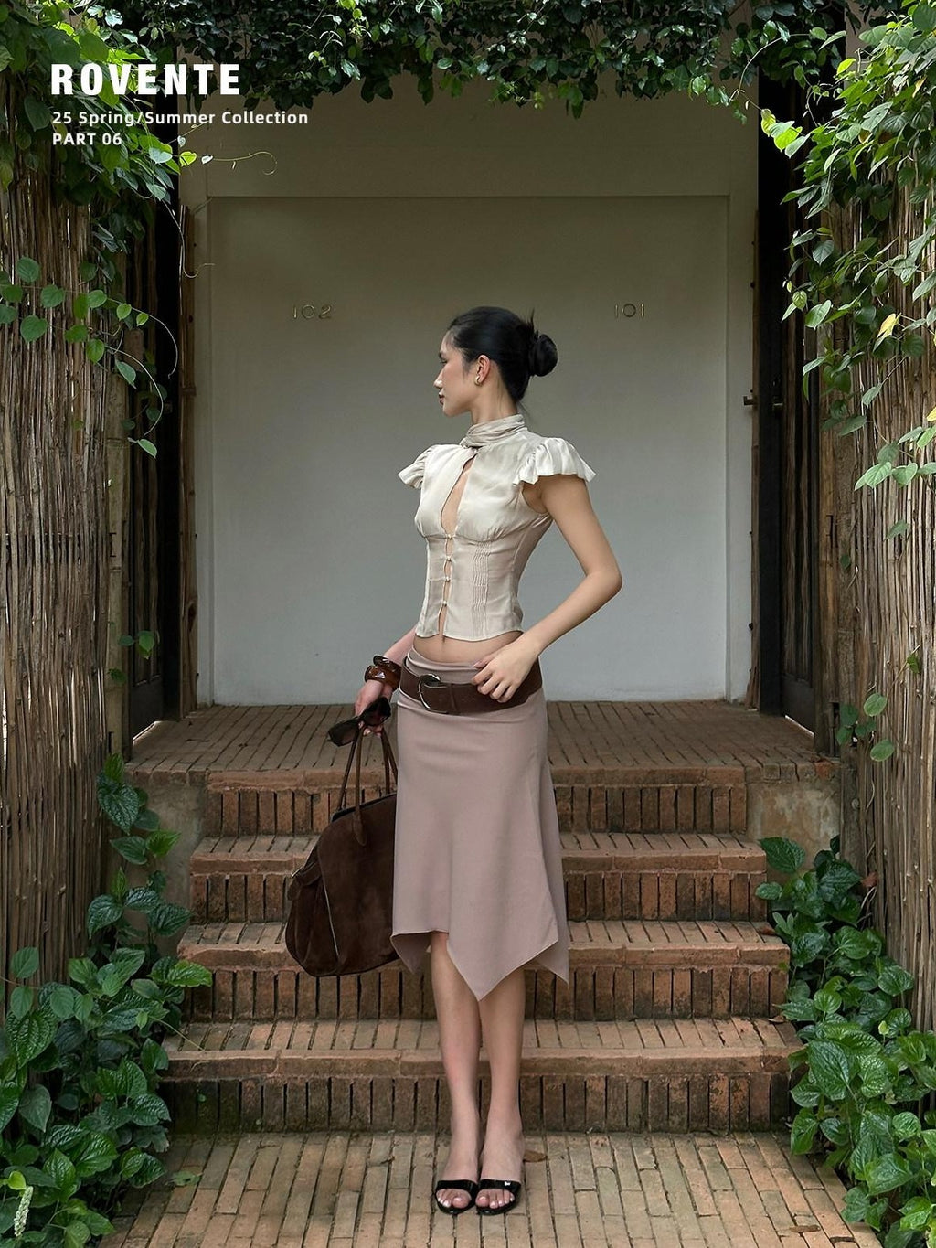 rovente Soft Champagne Khaki Flutter Sleeve Tie Waist Women's Cotton Blend Crop Tops