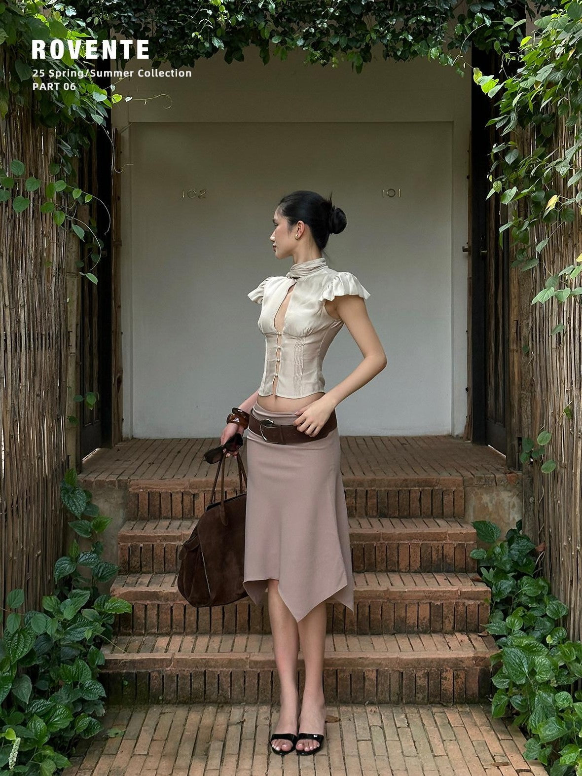 rovente Soft Champagne Khaki Flutter Sleeve Tie Waist Women's Cotton Blend Crop Tops