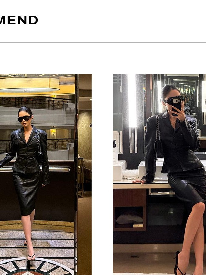 rovente Solid Color Slim Waist Button Front Women's Leather Jackets