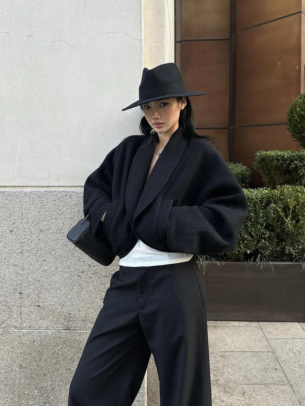 rovente Solid Loose Fit Lapel Collar Long Sleeve Wool Women's Cropped Jackets