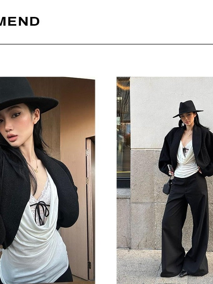rovente Solid Loose Fit Lapel Collar Long Sleeve Wool Women's Cropped Jackets