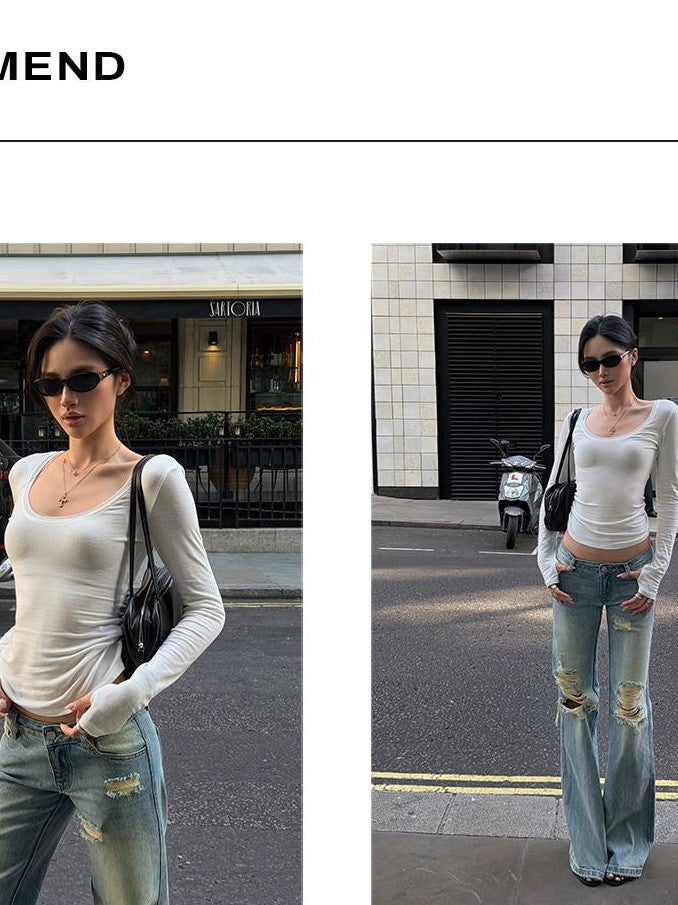 rovente Solid U Neck Knit Slim Fit Women's Lyocell Long Sleeve T-shirts