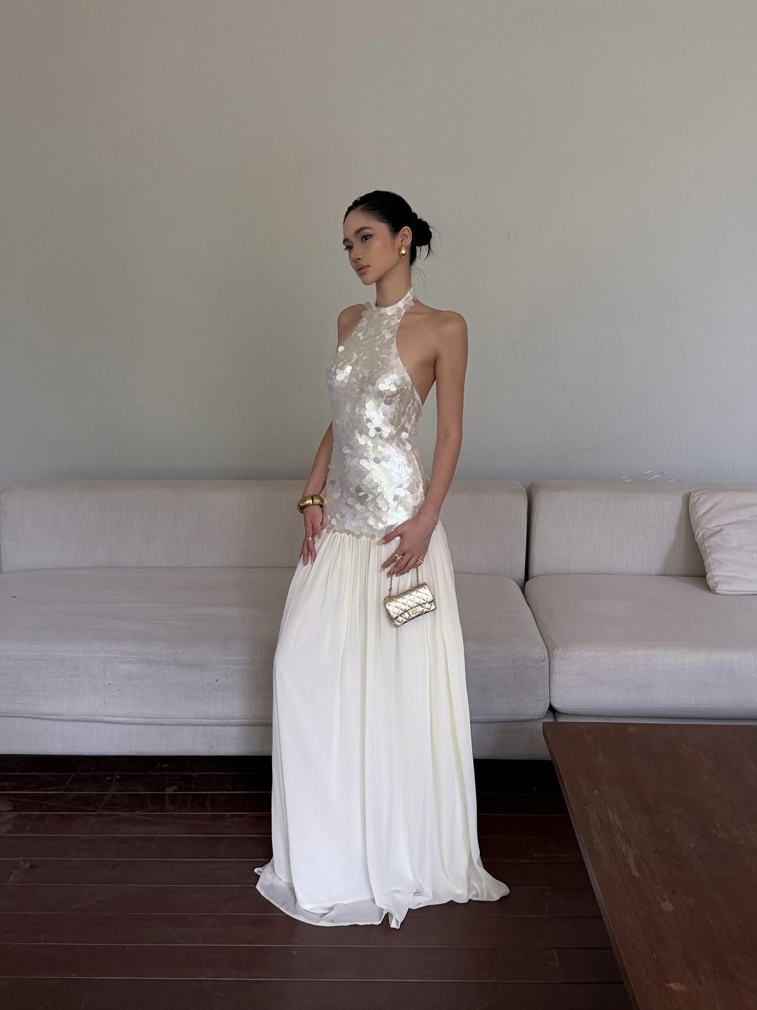 rovente Sparkling White Sequin Waist Cinch Women's Mesh Tulle Halter Maxi Dresses
