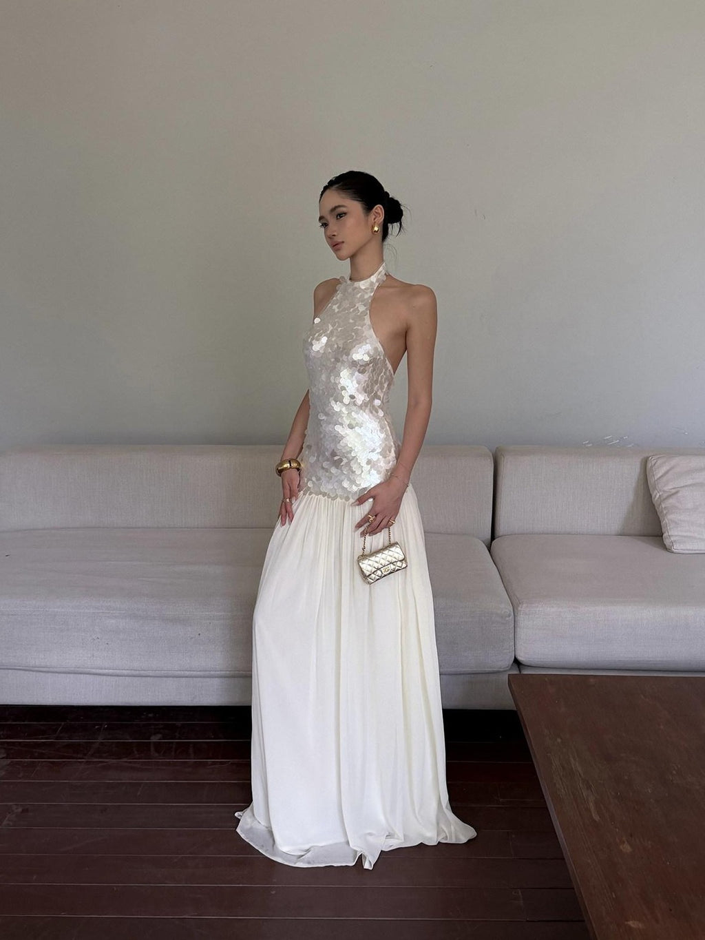 rovente Sparkling White Sequin Waist Cinch Women's Mesh Tulle Halter Maxi Dresses