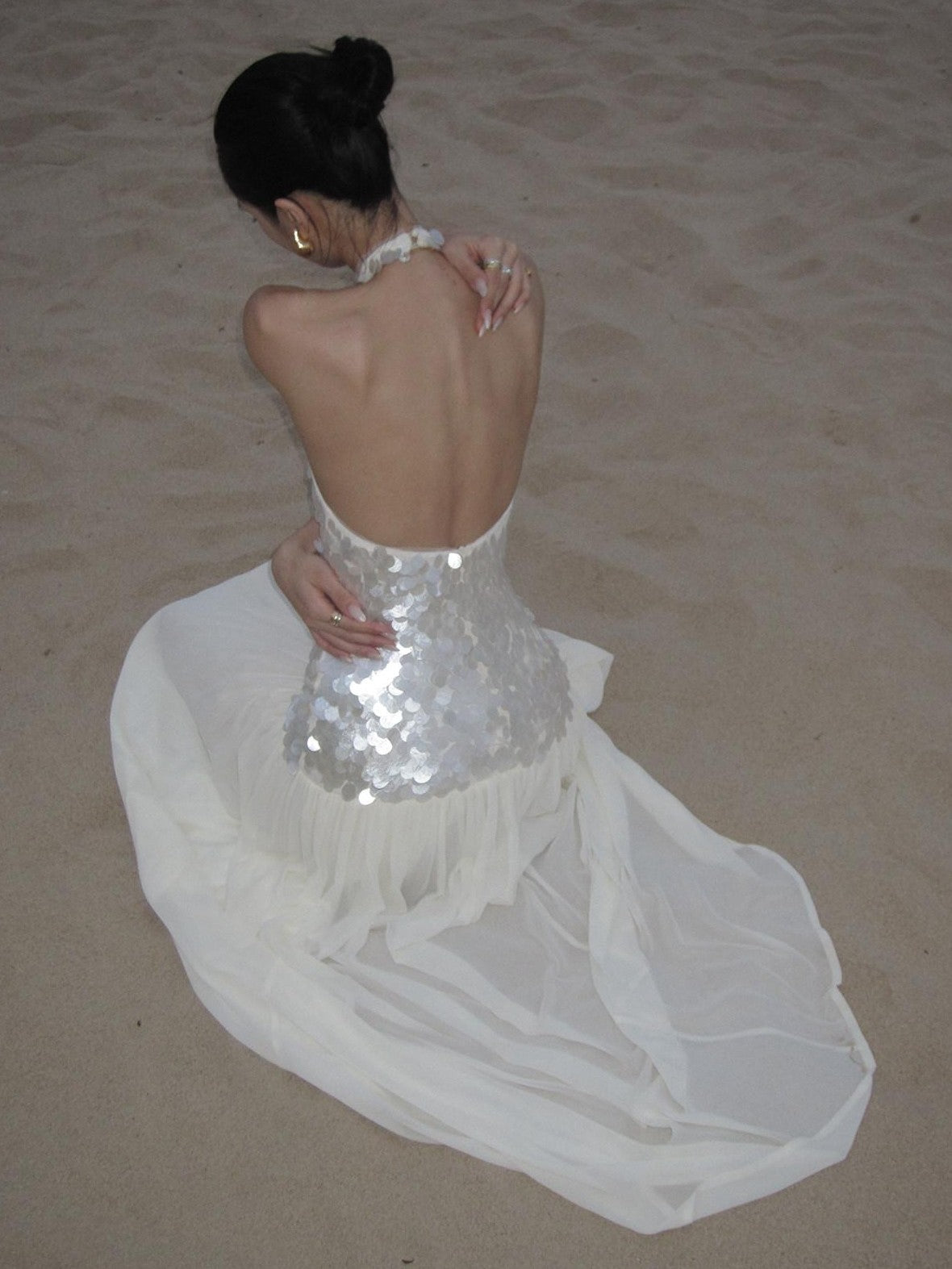 rovente Sparkling White Sequin Waist Cinch Women's Mesh Tulle Halter Maxi Dresses