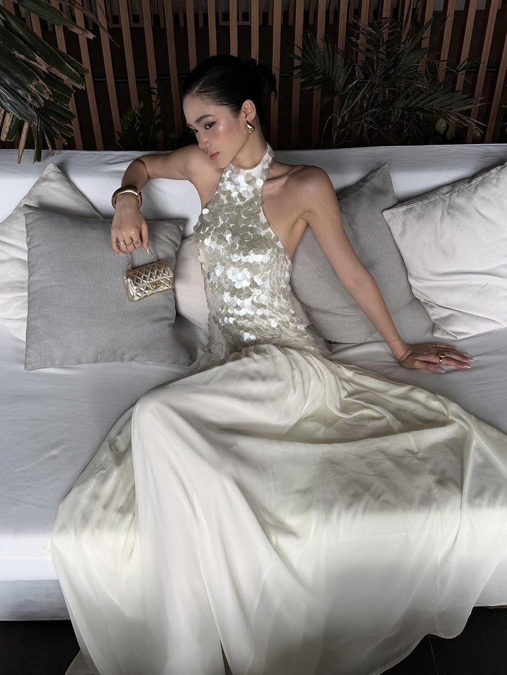 rovente Sparkling White Sequin Waist Cinch Women's Mesh Tulle Halter Maxi Dresses
