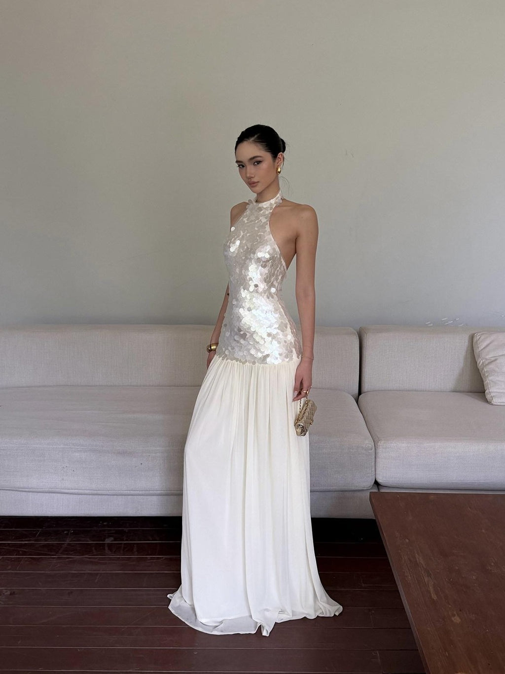 rovente Sparkling White Sequin Waist Cinch Women's Mesh Tulle Halter Maxi Dresses