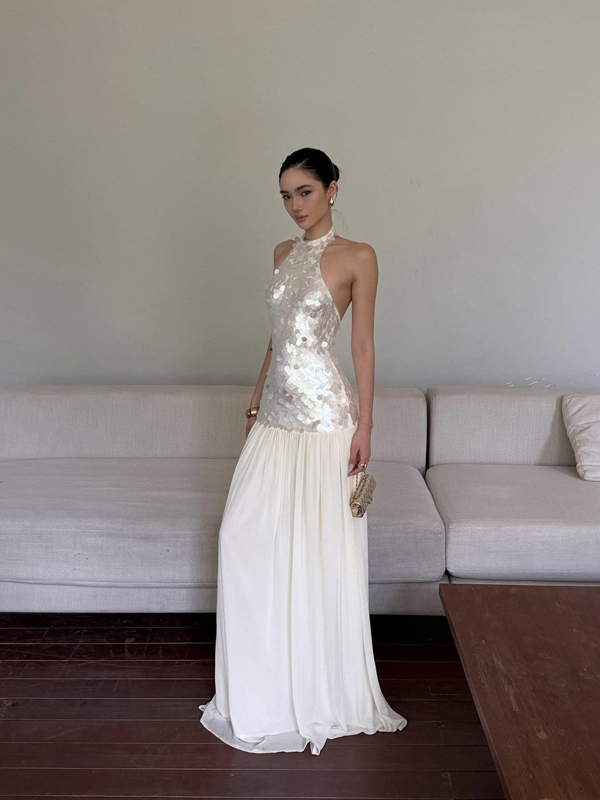 rovente Sparkling White Sequin Waist Cinch Women's Mesh Tulle Halter Maxi Dresses