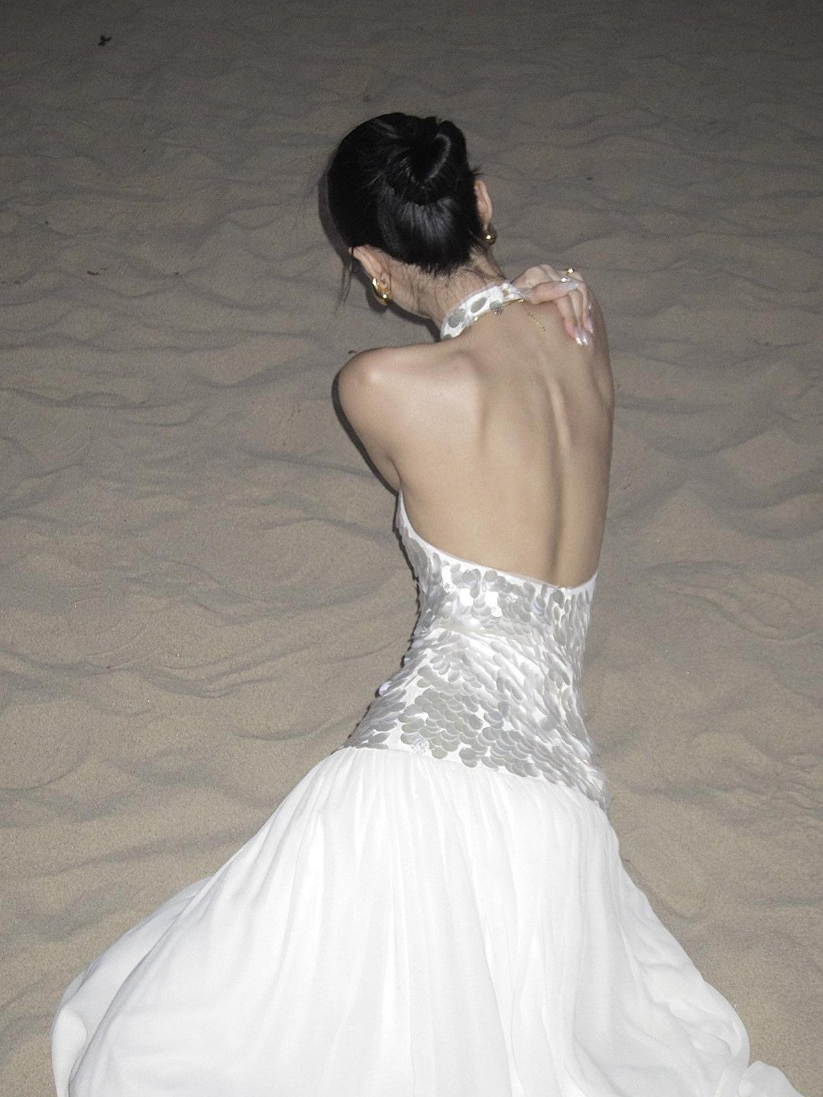 rovente Sparkling White Sequin Waist Cinch Women's Mesh Tulle Halter Maxi Dresses