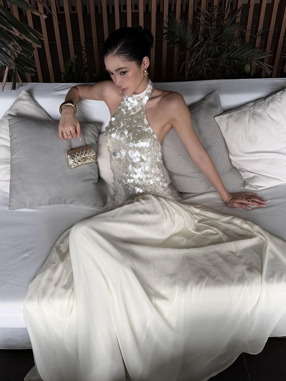 rovente Sparkling White Sequin Waist Cinch Women's Mesh Tulle Halter Maxi Dresses