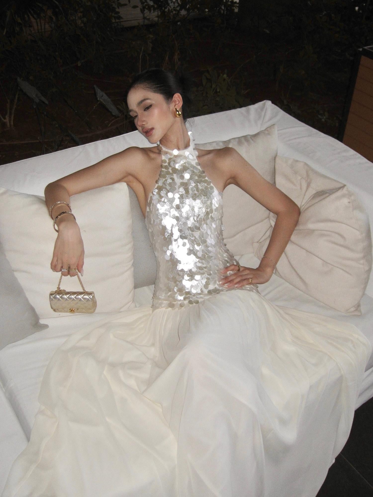 rovente Sparkling White Sequin Waist Cinch Women's Mesh Tulle Halter Maxi Dresses