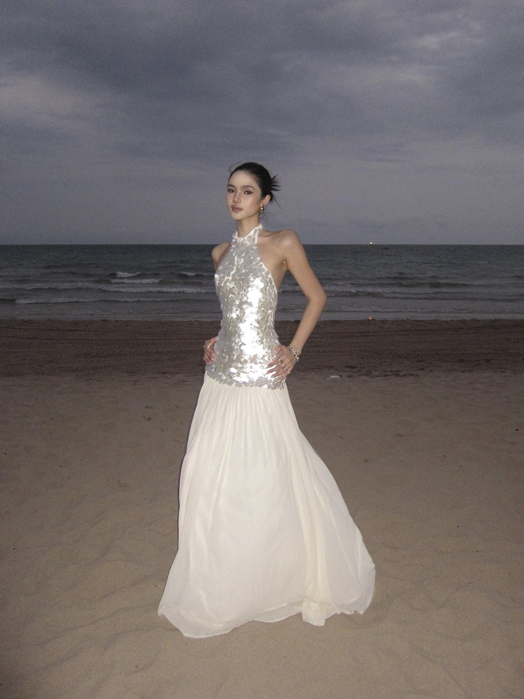 rovente Sparkling White Sequin Waist Cinch Women's Mesh Tulle Halter Maxi Dresses
