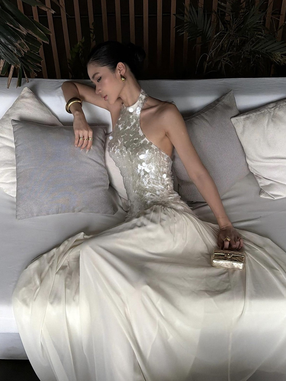 rovente Sparkling White Sequin Waist Cinch Women's Mesh Tulle Halter Maxi Dresses