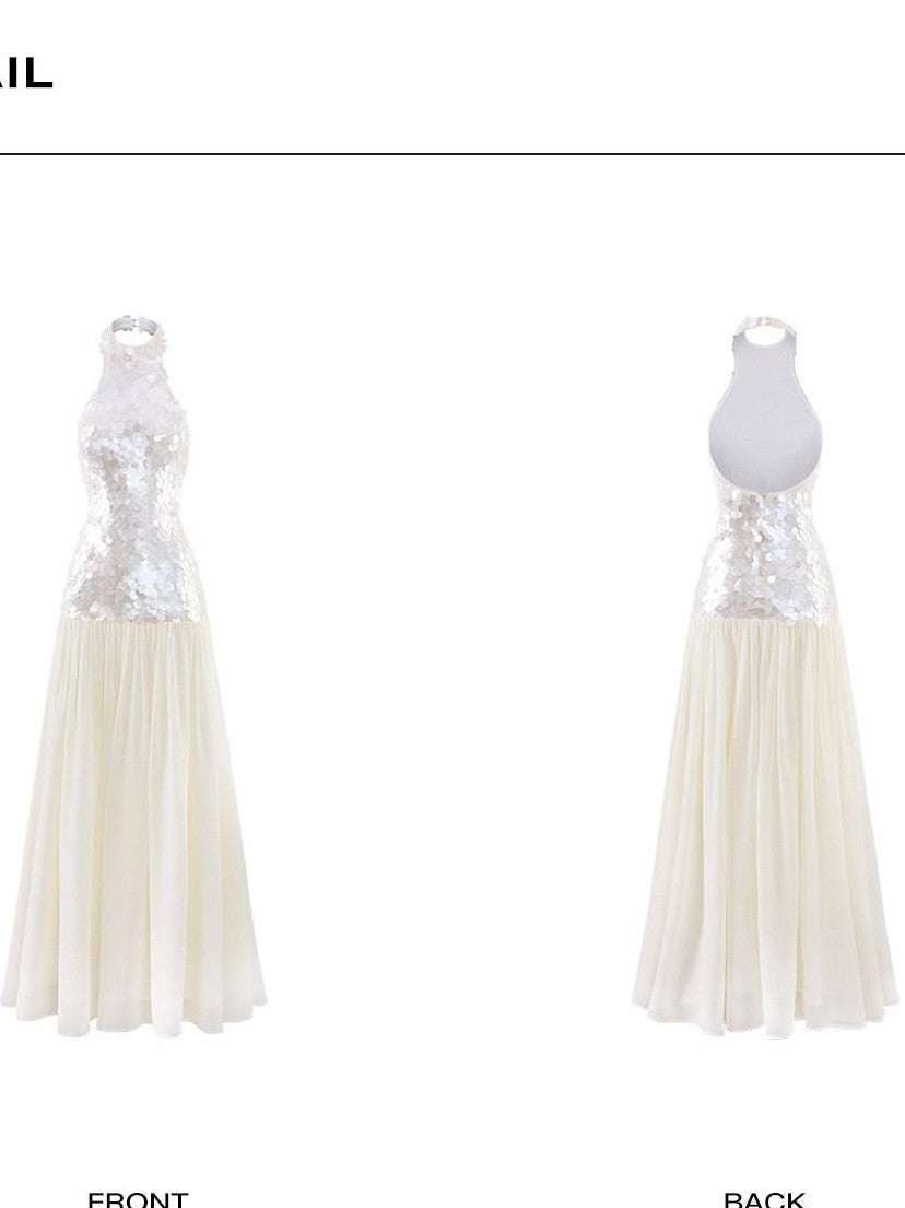 rovente Sparkling White Sequin Waist Cinch Women's Mesh Tulle Halter Maxi Dresses