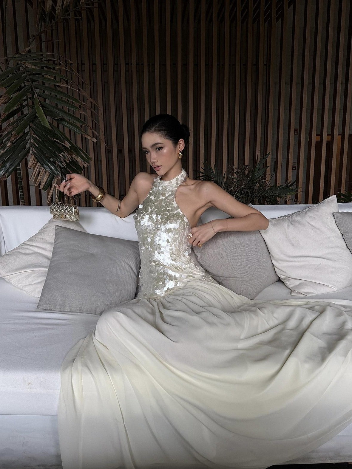 rovente Sparkling White Sequin Waist Cinch Women's Mesh Tulle Halter Maxi Dresses