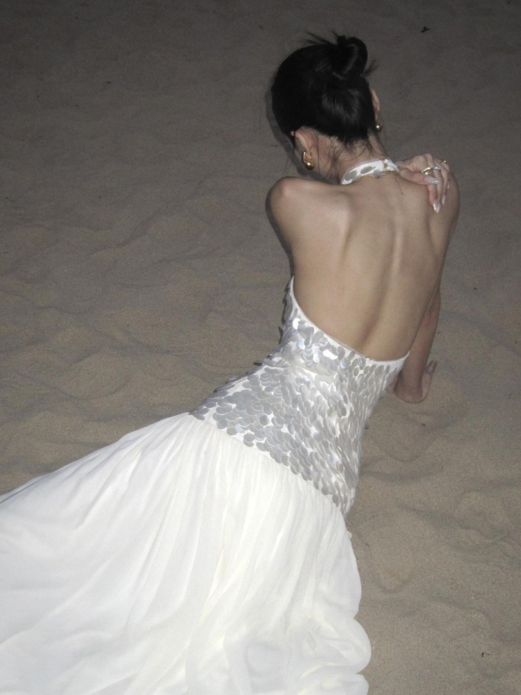 rovente Sparkling White Sequin Waist Cinch Women's Mesh Tulle Halter Maxi Dresses
