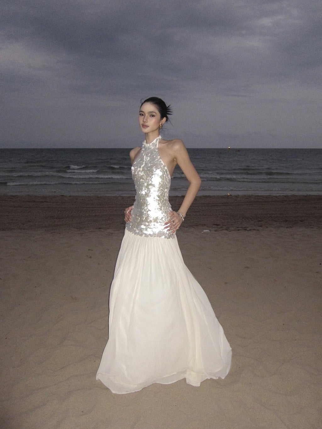rovente Sparkling White Sequin Waist Cinch Women's Mesh Tulle Halter Maxi Dresses