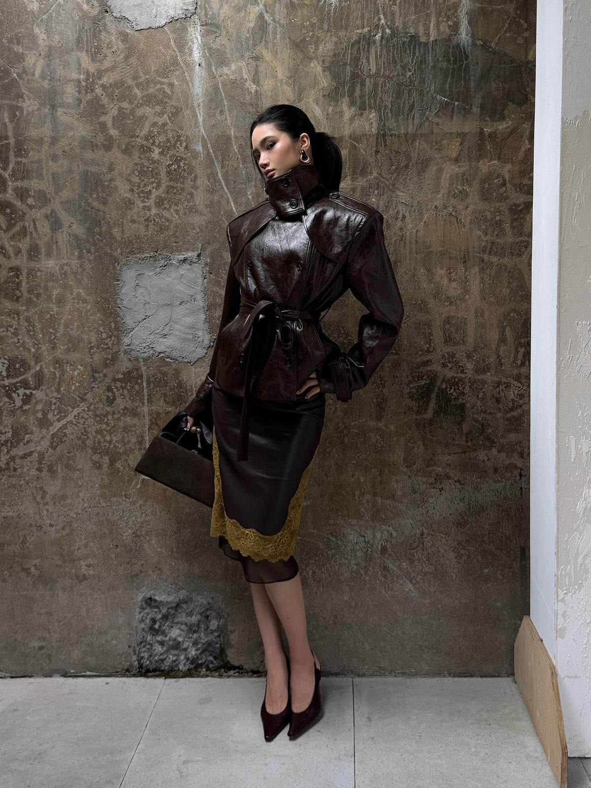 rovente Stand Collar Double Breasted Waist Cinch Women's Leather Jackets