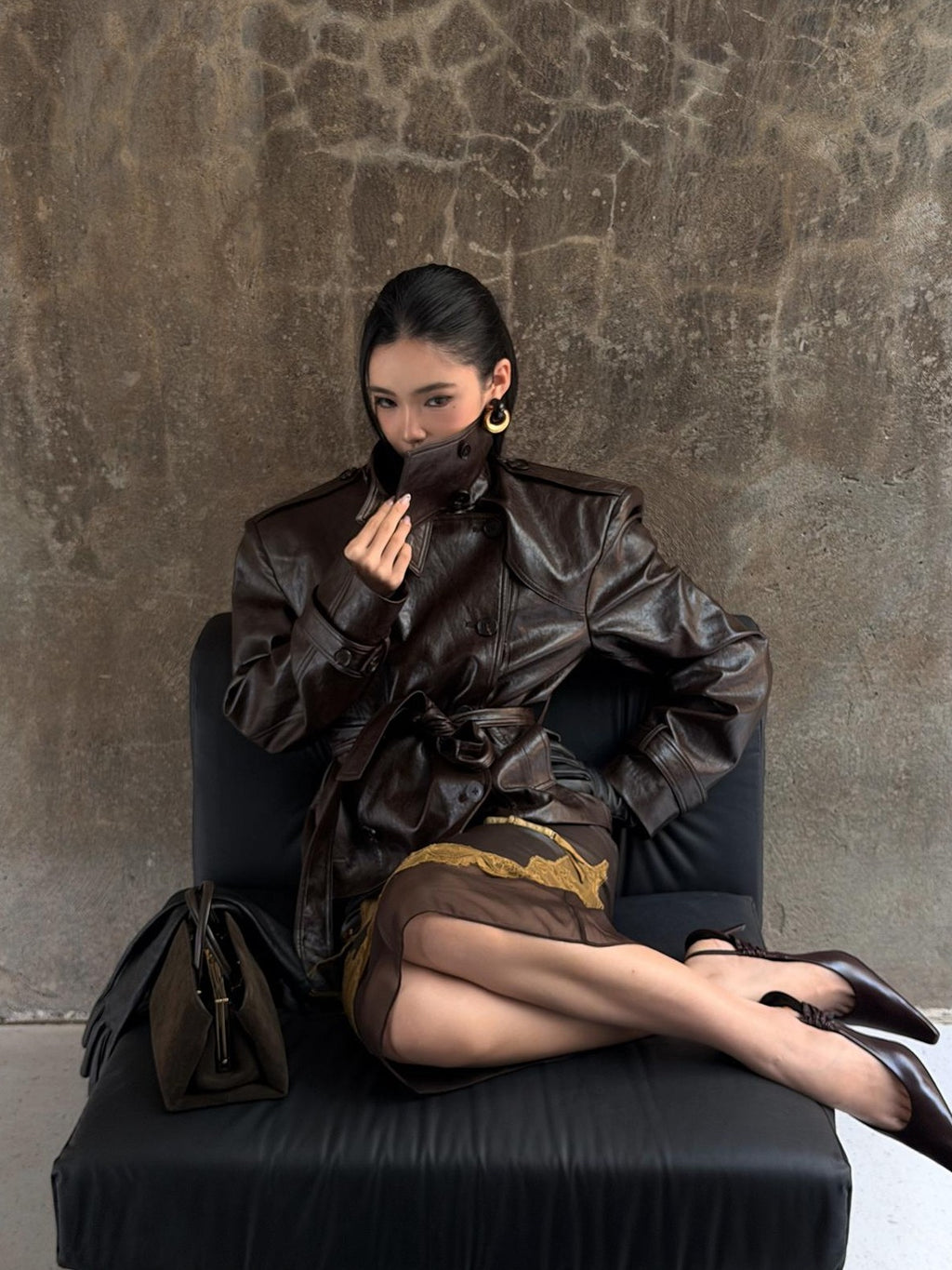 rovente Stand Collar Double Breasted Waist Cinch Women's Leather Jackets