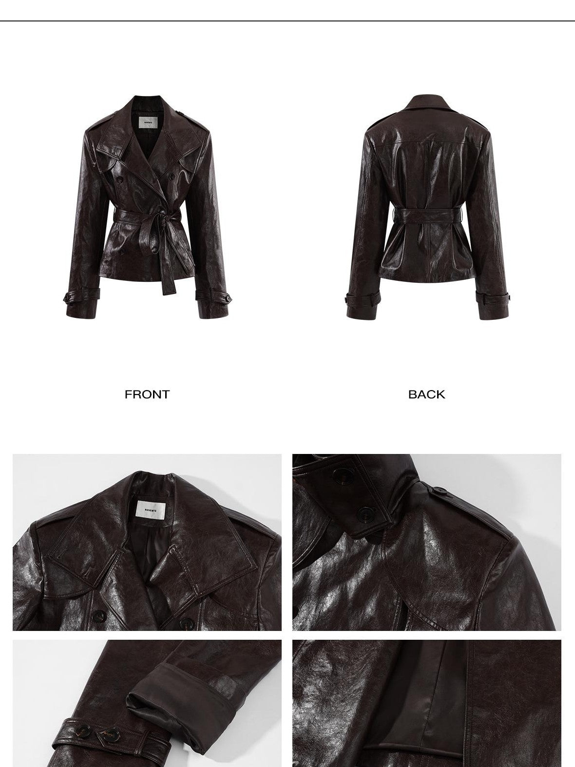 rovente Stand Collar Double Breasted Waist Cinch Women's Leather Jackets