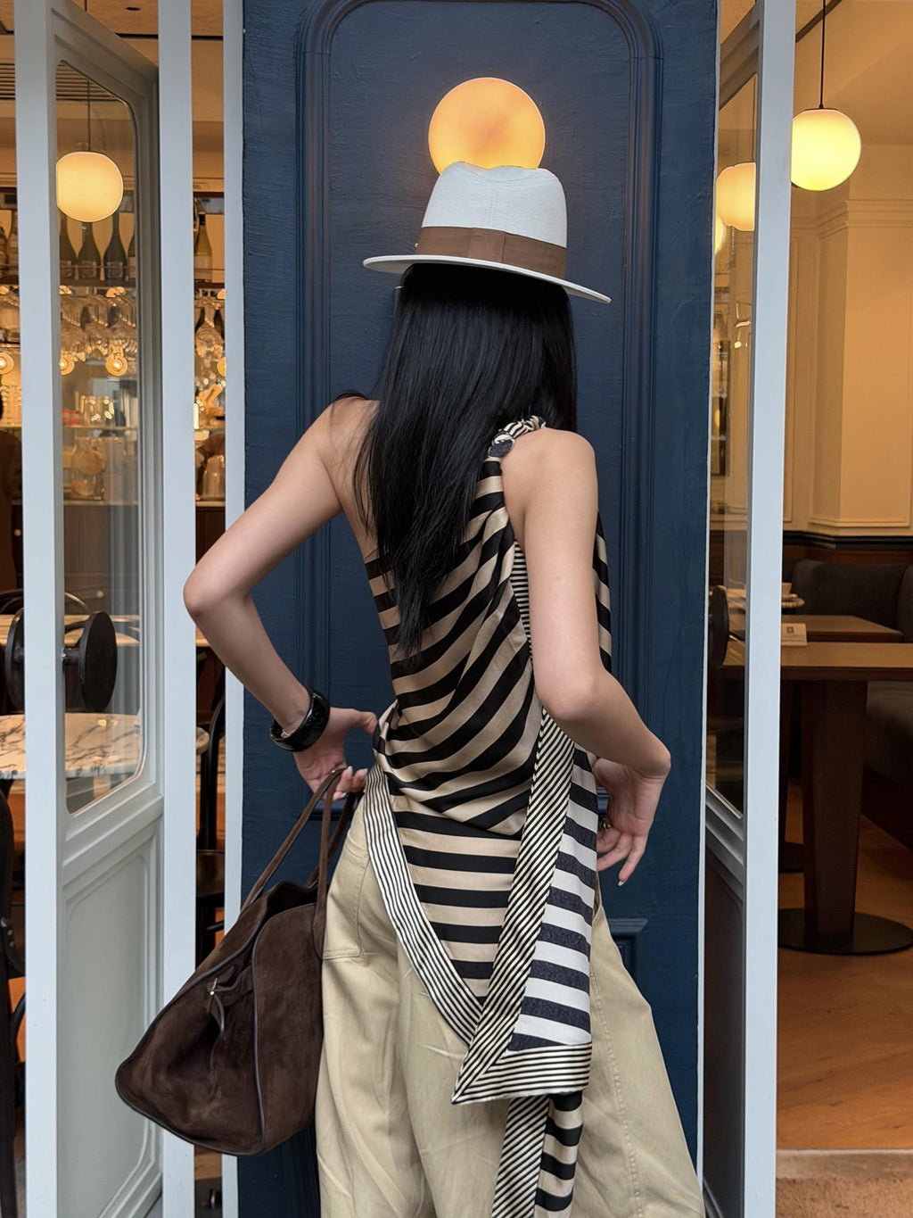 rovente Striped Asymmetric One Shoulder Ribbon Women's Polyester Camisoles
