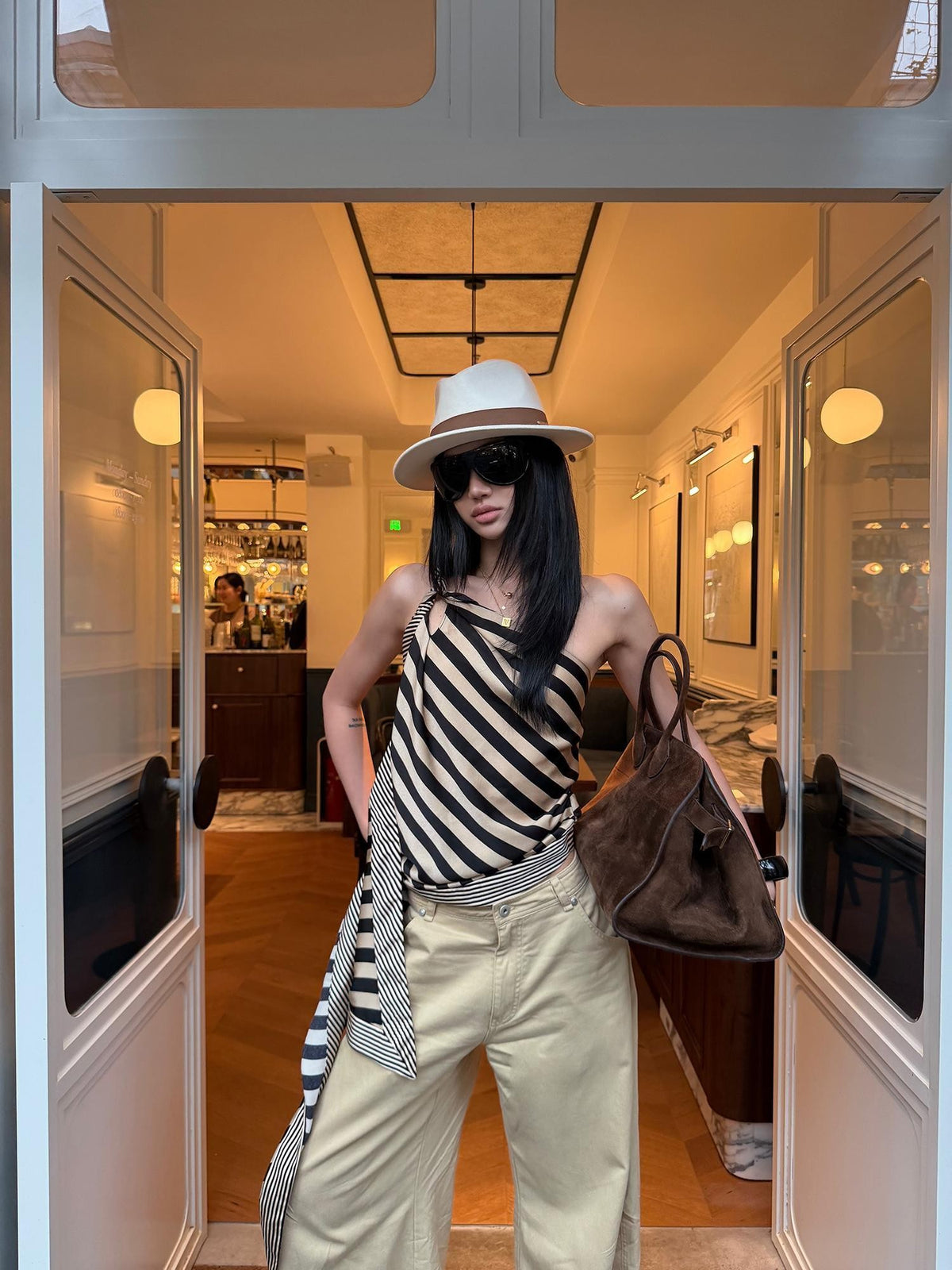 rovente Striped Asymmetric One Shoulder Ribbon Women's Polyester Camisoles
