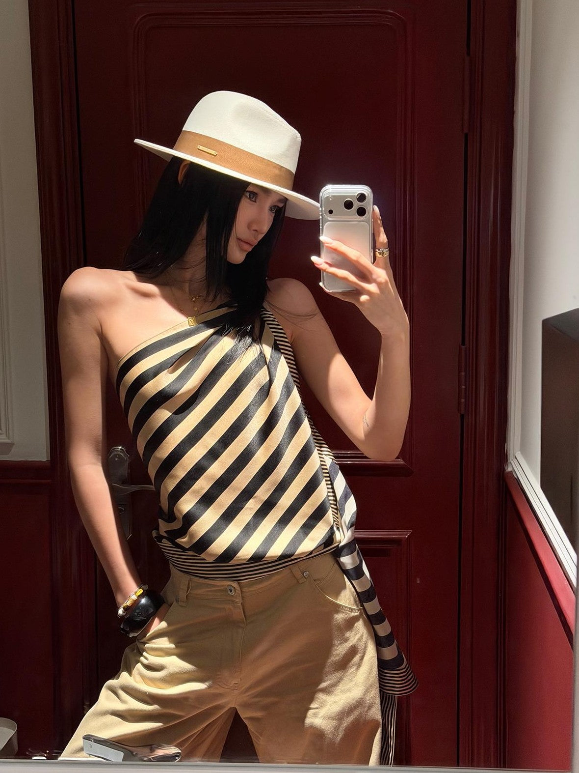 rovente Striped Asymmetric One Shoulder Ribbon Women's Polyester Camisoles