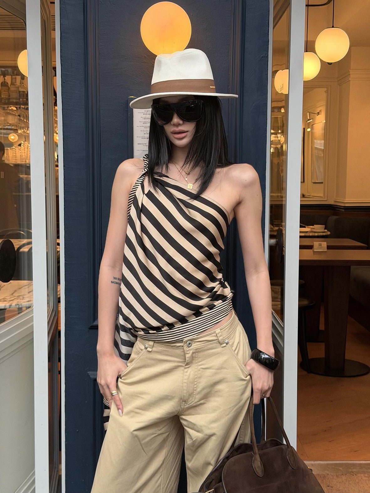 rovente Striped Asymmetric One Shoulder Ribbon Women's Polyester Camisoles