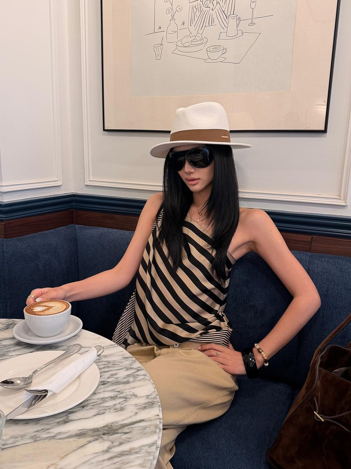 rovente Striped Asymmetric One Shoulder Ribbon Women's Polyester Camisoles