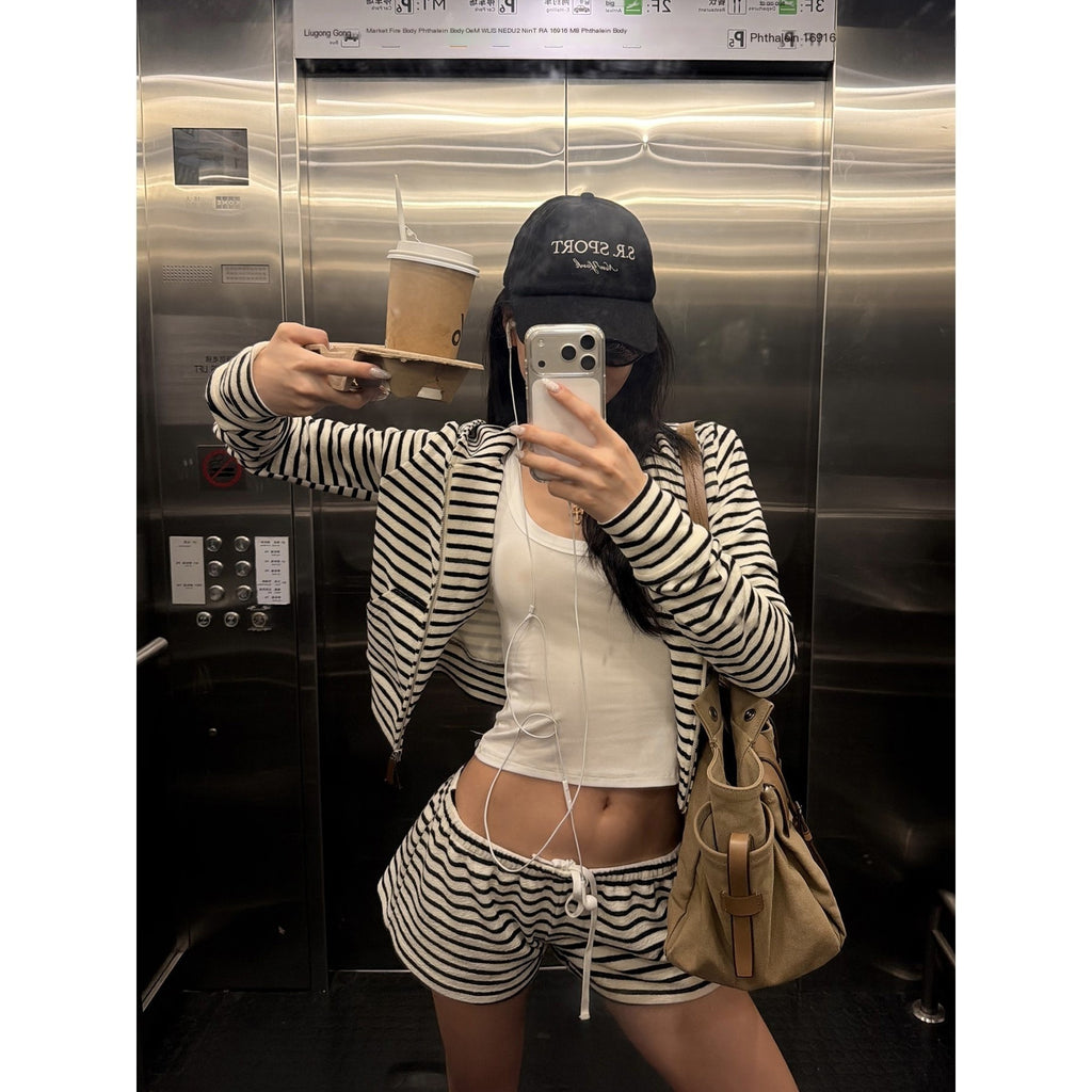 rovente_Striped_Hooded_Zip_Up_Cropped_Women's_Polyester_Casual_Top_&_Shorts_Sets_1066100580316_MISSTT