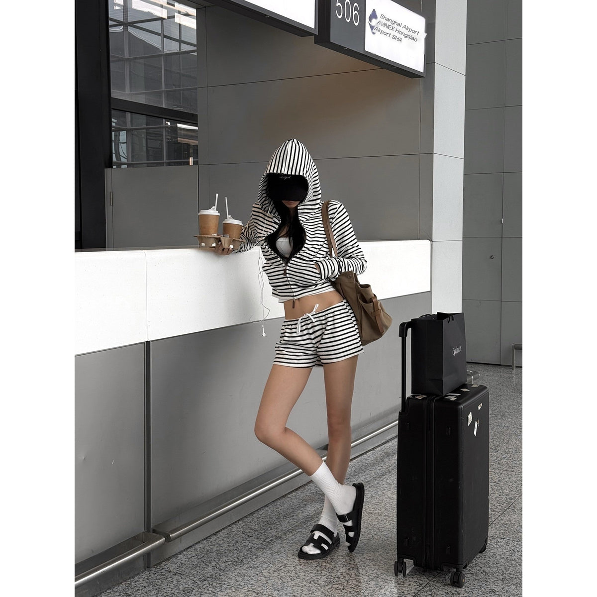 rovente_Striped_Hooded_Zip_Up_Cropped_Women's_Polyester_Casual_Top_&_Shorts_Sets_1066100580316_MISSTT