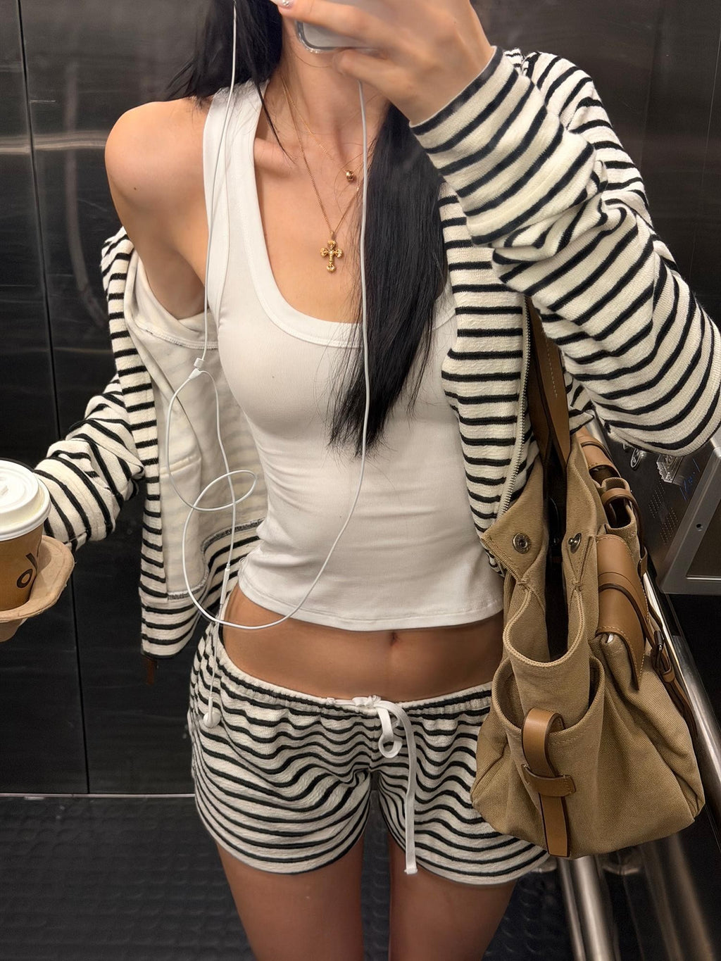 rovente Striped Hooded Zip Up Cropped Women's Polyester Casual Top & Shorts Sets