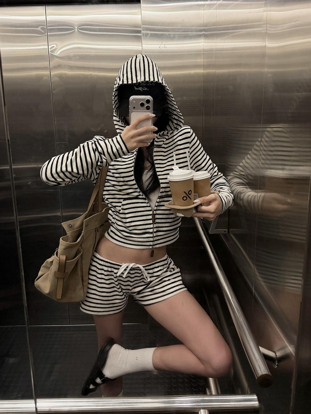 rovente Striped Hooded Zip Up Cropped Women's Polyester Casual Top & Shorts Sets