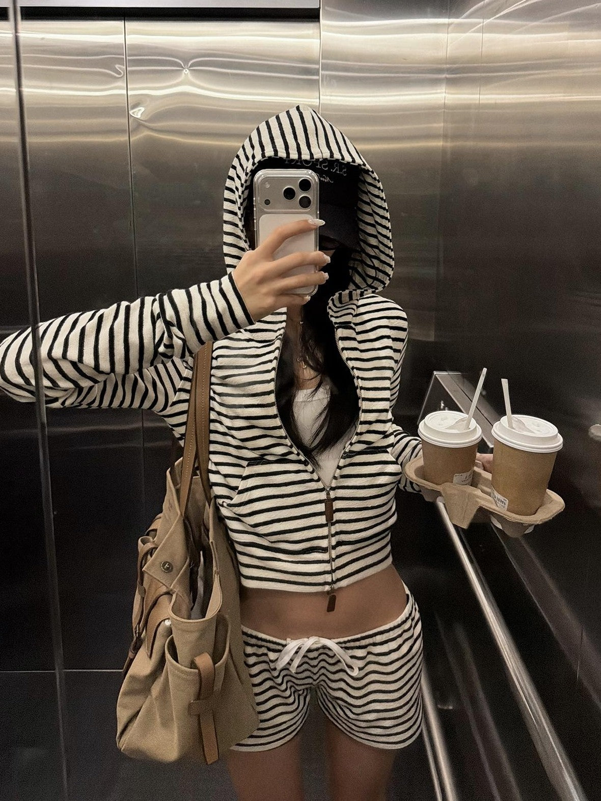 rovente Striped Hooded Zip Up Cropped Women's Polyester Casual Top & Shorts Sets