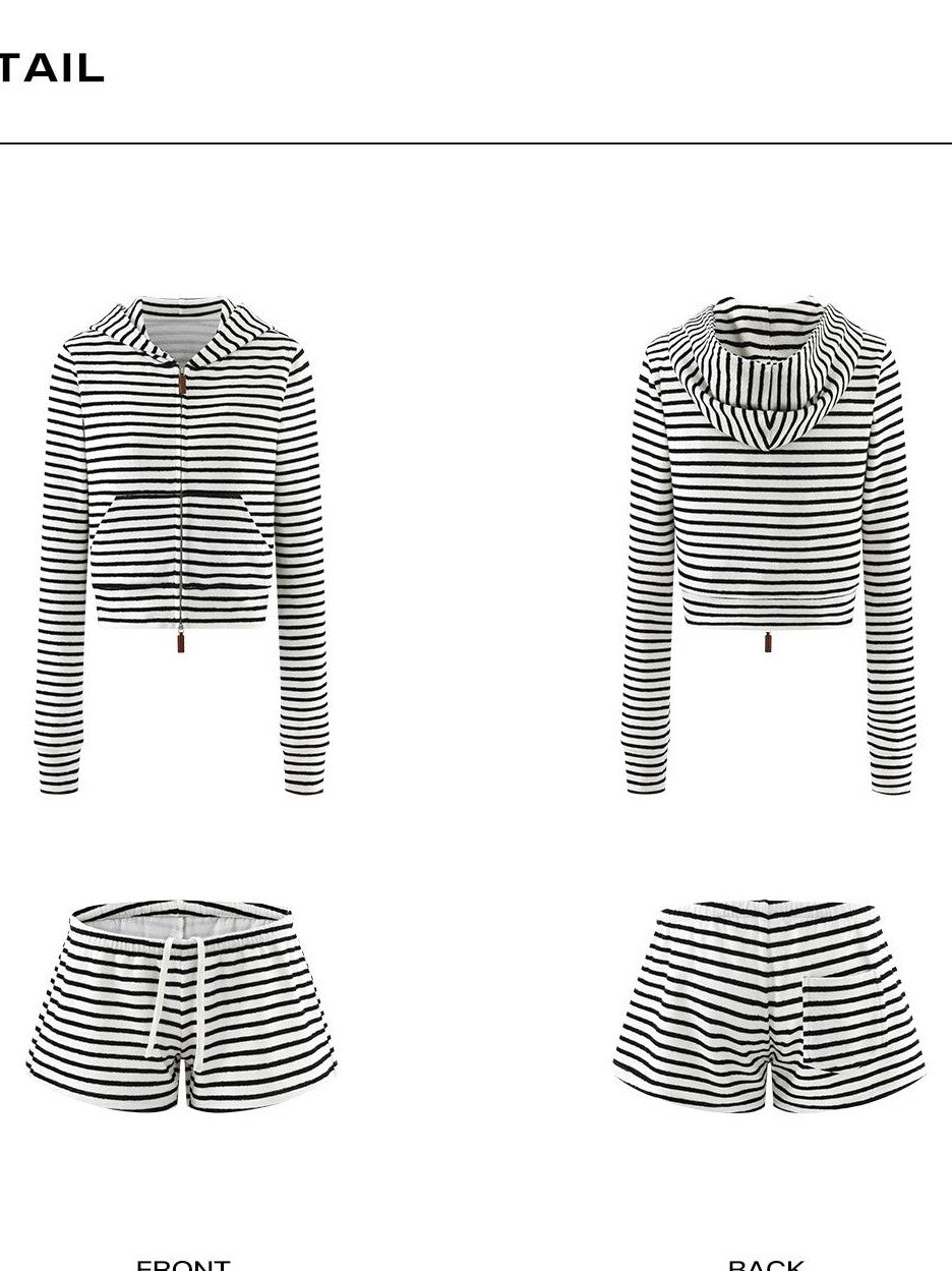 rovente Striped Hooded Zip Up Cropped Women's Polyester Casual Top & Shorts Sets