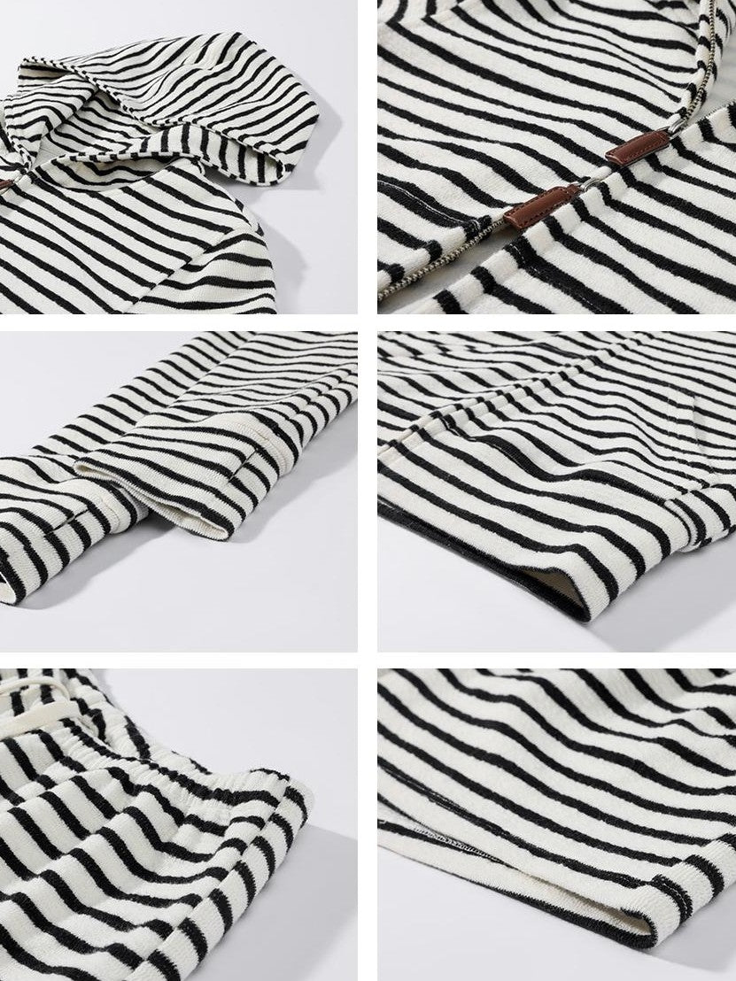 rovente Striped Hooded Zip Up Cropped Women's Polyester Casual Top & Shorts Sets