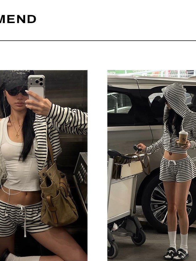 rovente Striped Hooded Zip Up Cropped Women's Polyester Casual Top & Shorts Sets
