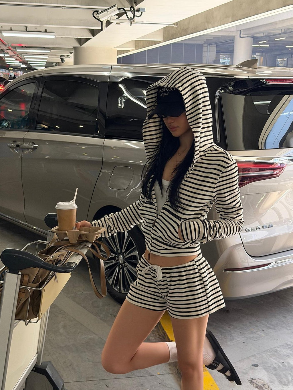 rovente Striped Hooded Zip Up Cropped Women's Polyester Casual Top & Shorts Sets