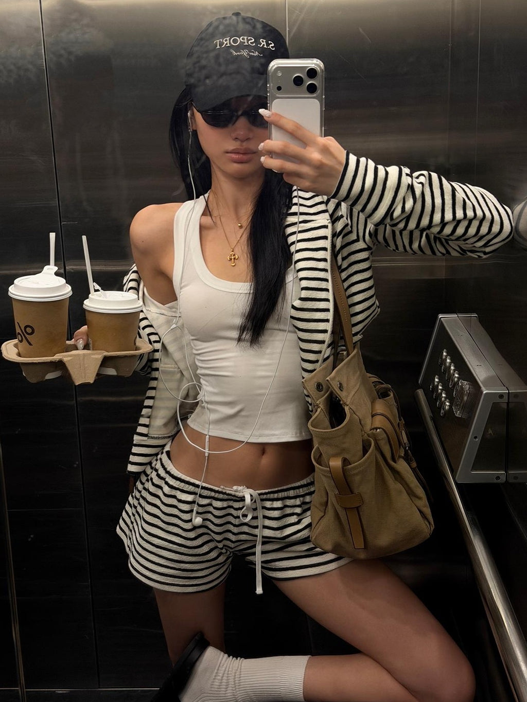 rovente Striped Hooded Zip Up Cropped Women's Polyester Casual Top & Shorts Sets
