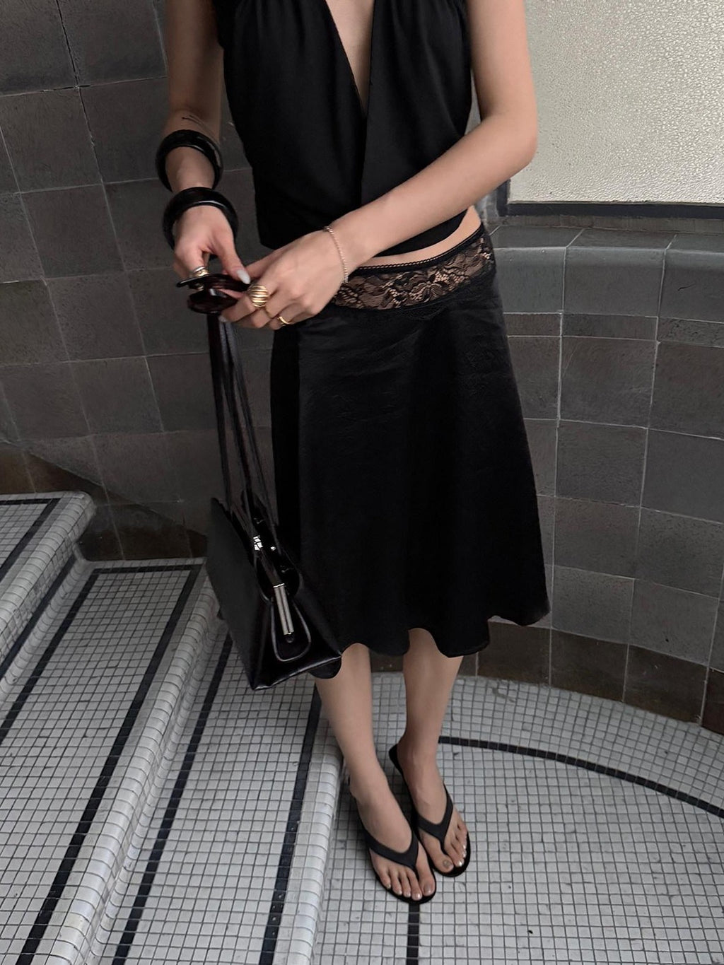 rovente Tropical Lace Slimming Elegant Casual Women's Acetate Black A-line Skirts