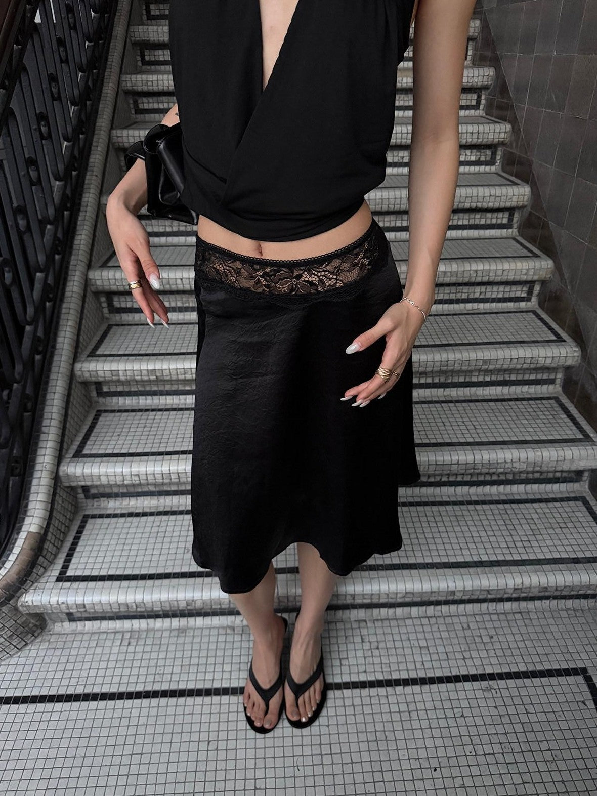 rovente Tropical Lace Slimming Elegant Casual Women's Acetate Black A-line Skirts