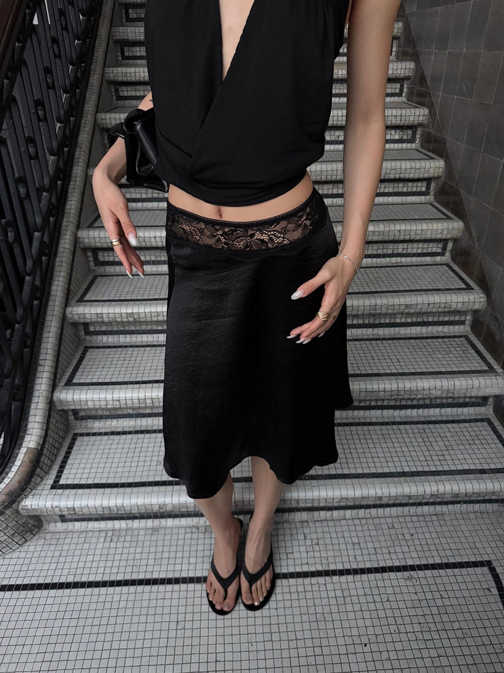 rovente Tropical Lace Slimming Elegant Casual Women's Acetate Black A-line Skirts