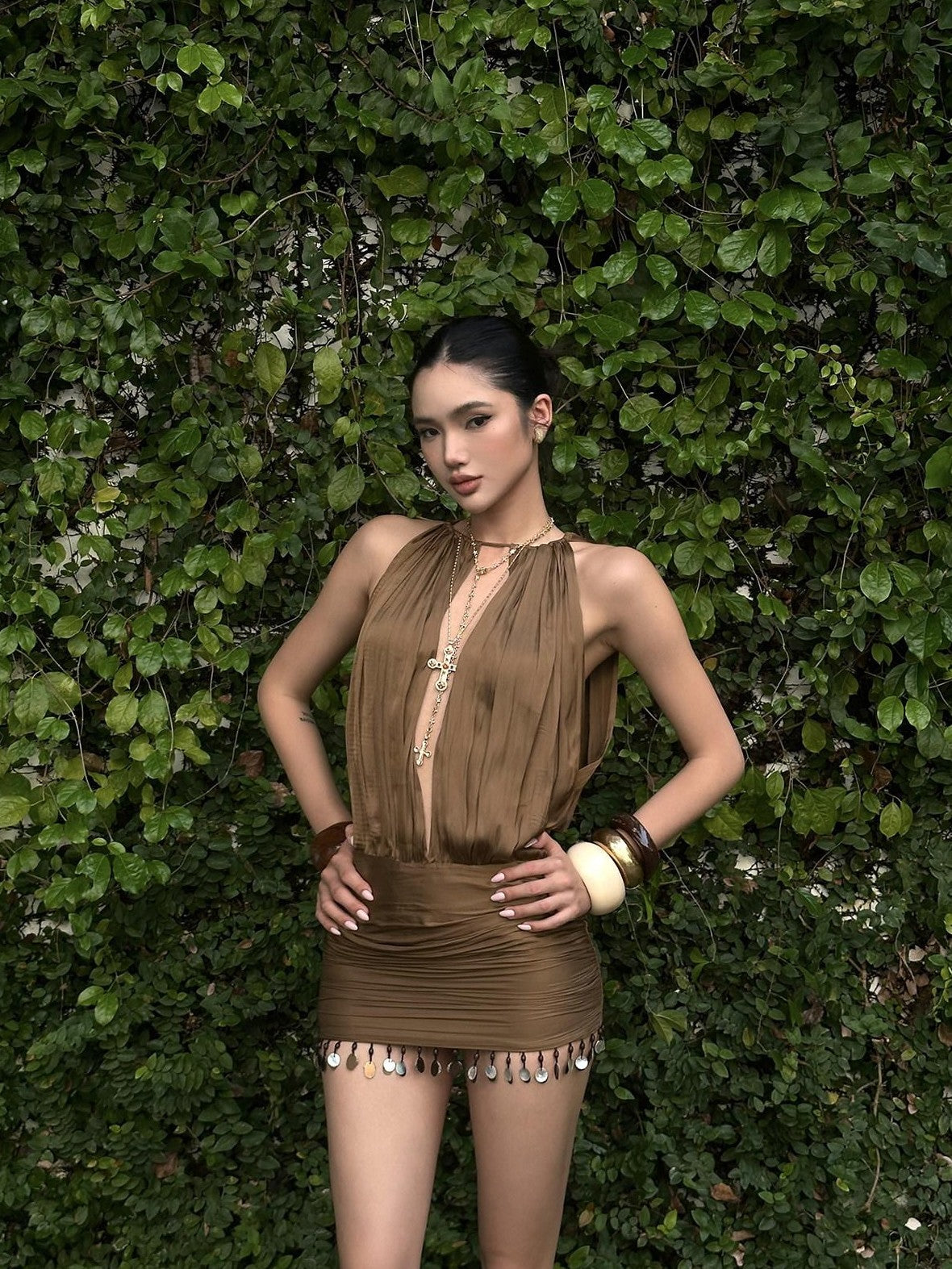 rovente Tropical Pleated Backless Bodycon Women's Polyester Halter Mini Dresses