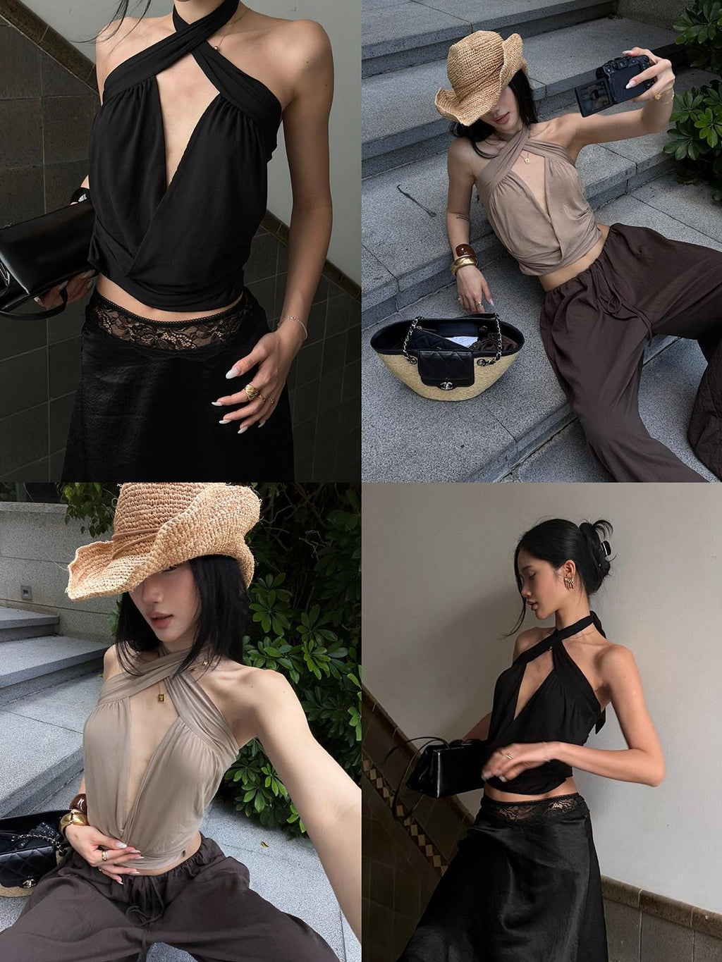 rovente Two Tone Crisscross Cutout Backless Sleeveless Women's Halter Tops