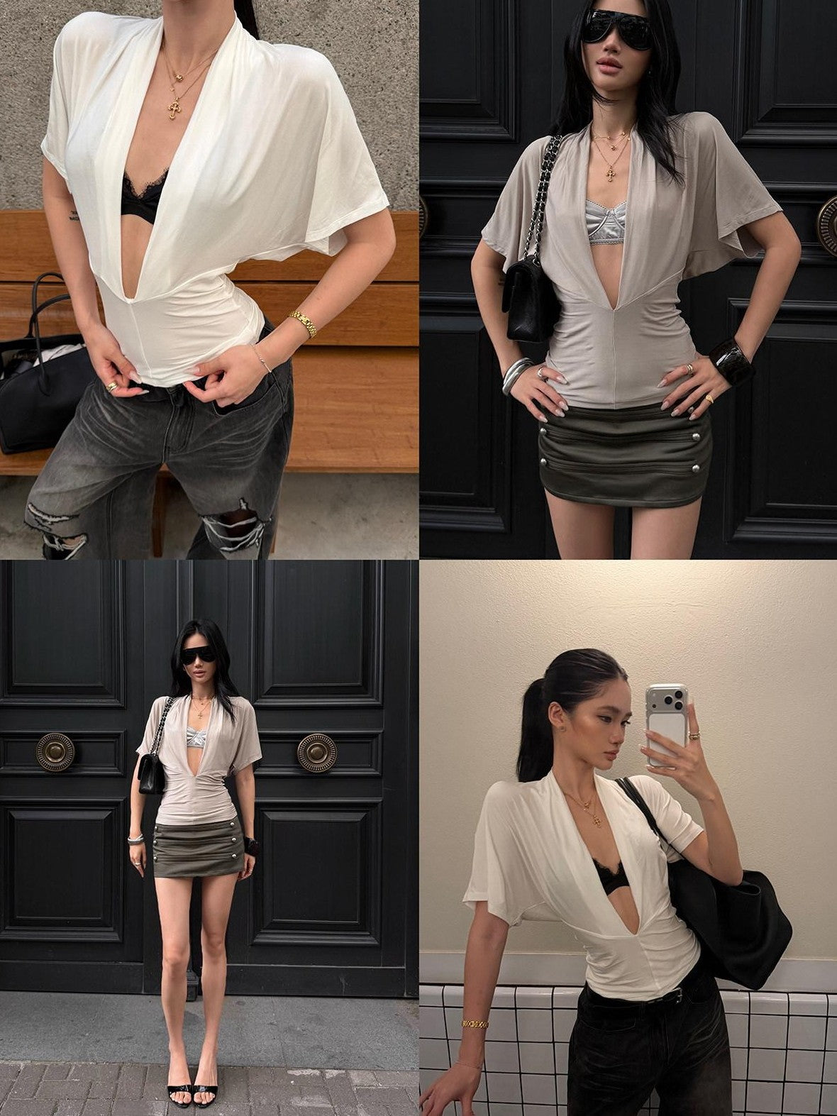 rovente Two Tone Deep V Batwing Cinched Waist Women's Short Sleeve T-shirts
