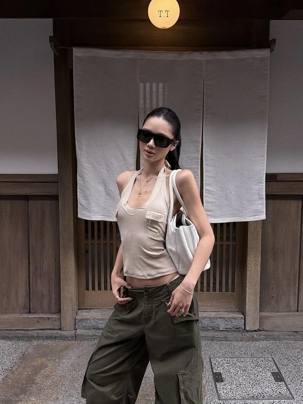 rovente Two Tone Frayed Large U Neck Functional Slim Fit Women's Halter Tops