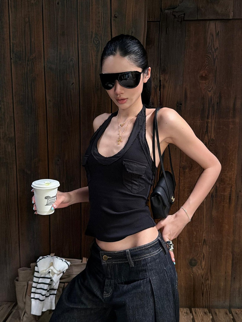 rovente Two Tone Frayed Large U Neck Functional Slim Fit Women's Halter Tops
