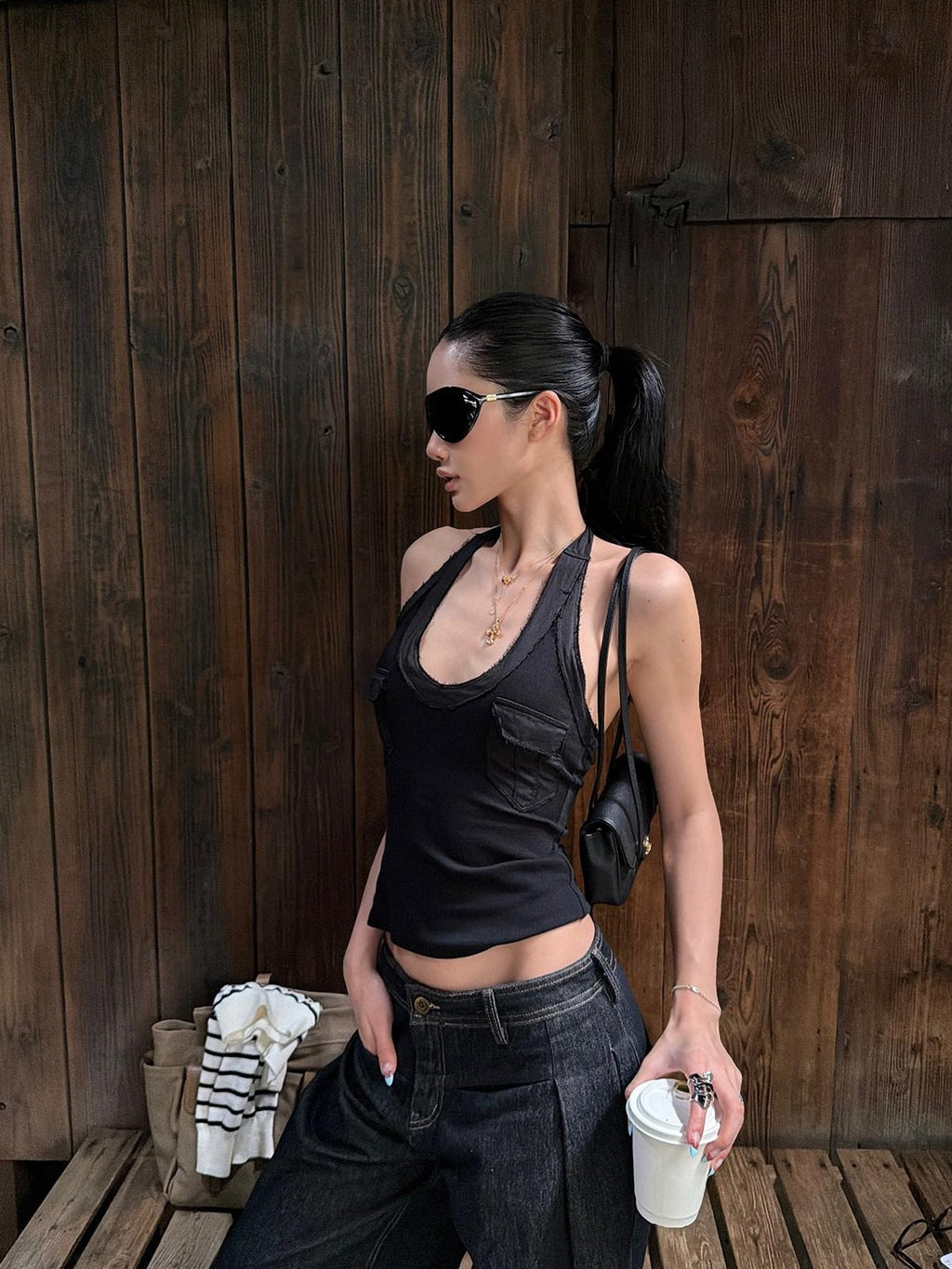 rovente Two Tone Frayed Large U Neck Functional Slim Fit Women's Halter Tops