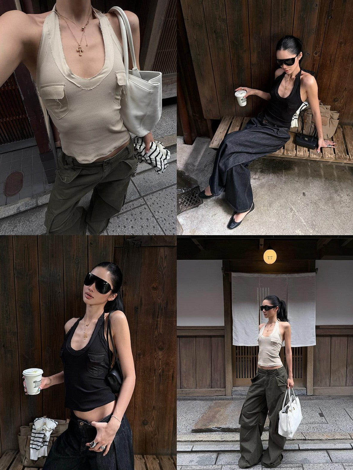 rovente Two Tone Frayed Large U Neck Functional Slim Fit Women's Halter Tops
