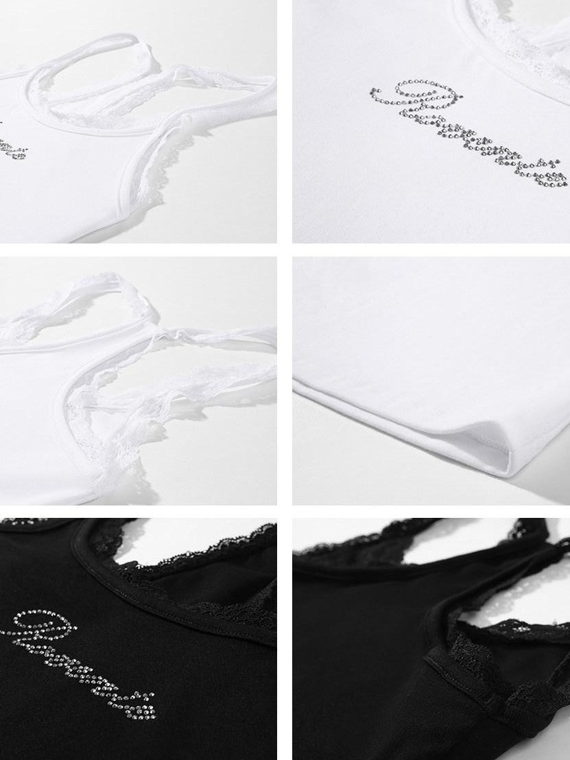 rovente Two Tone Rhinestone Slim Fit U Neck Lace Trim Women's Lace Camisoles